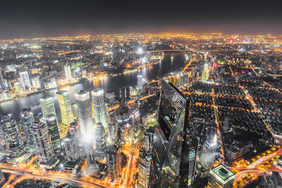 上海陆家嘴金融区夜间鸟瞰图