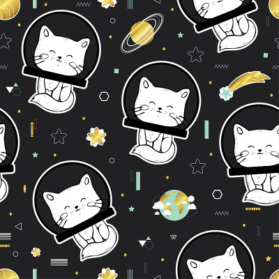 图案与可爱的手绘猫和行星。