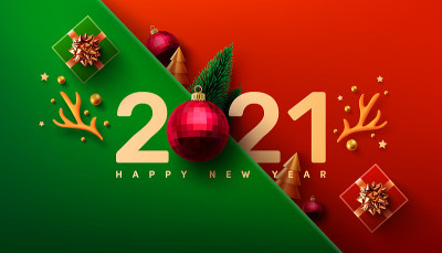 2021年新年促销海报或横幅与礼品盒和圣诞元素零售，购物或圣诞促销。2021年新年用红球装饰。矢量插