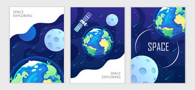 夜空中的地球和月亮。太阳系的行星。太空旅行和探索。一套卡通矢量模板横幅，卡片，传单，小册子