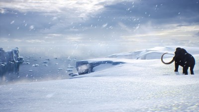 一只巨大的猛犸象正沿着积雪覆盖的冰川行走。冬季自然条件下巨大的高冰川。北极冬季景观。3 d渲染。