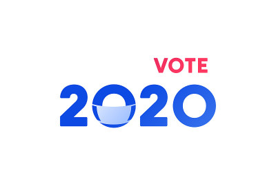 民主投票和选举日的概念。Vetcor平坦的插图。旗帜模板。文字2020与口罩标志隔离在白色背景。为美