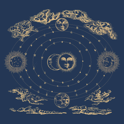 雕刻风格的宇宙机械。天球概念，矢量图形说明。神秘的太阳，月亮和新月在云中绘画。