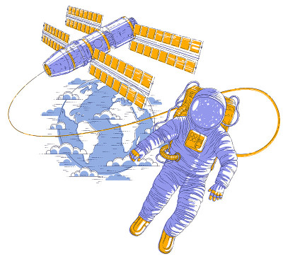 宇航员在开放的空间中飞行，背景是与空间站和地球相连，太空服中的宇航员漂浮在失重状态下，太空站的航天器