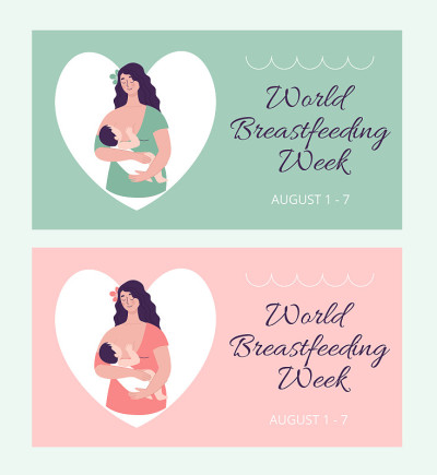 漂亮的年轻女人抱着一个婴儿。明信片世界母乳喂养周。幸福母亲的概念，家庭，爱。矢量插图在一个平坦的风格