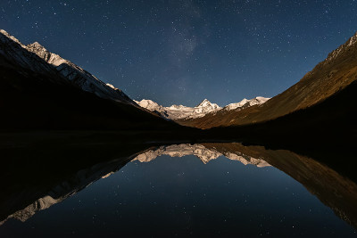 星星山冰川湖反射天空夜