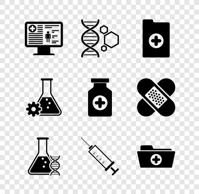 设置临床记录在监视器，基因工程，DNA研究，搜索，注射器和健康文件夹图标。向量