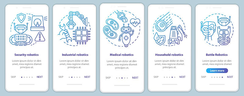 类型机器人在移动应用页面屏幕矢量模板。守卫，工业，战斗机器人。用线性插图演练网站步骤。UX, UI,
