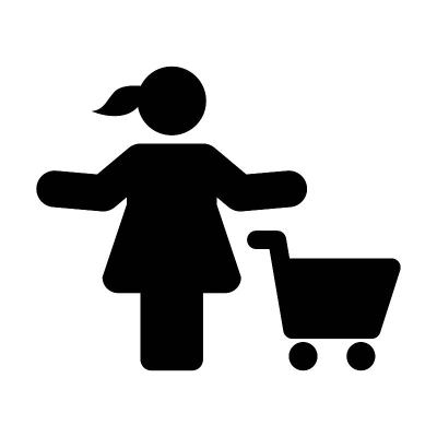 购物图标向量女性人与购物车符号在一个平坦的颜色字形象形图