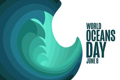 世界海洋日。6月8日。节日的概念。模板的背景，旗帜，卡片，海报与文字题词。向量EPS10插图。