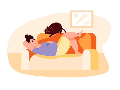 胖女人和猫躺在沙发上。肥胖。不健康的生活方式。矢量平面彩色插图。概念超重
