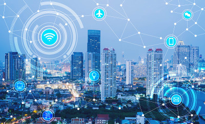 wifi、互联网、通讯、旅行、电脑和各种智能城市概念技术的图标