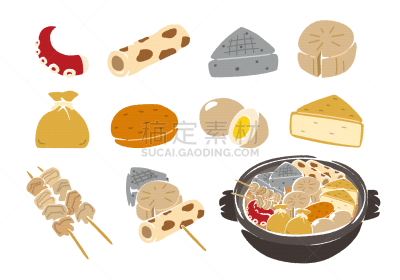 关东煮,成分,绘画插图,串肉签,日式火锅菜,鱼糕,五目鱼饼,图像,鸡蛋