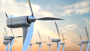 风车涡轮机清洁，风能在日出日落的天空中。绿色能源