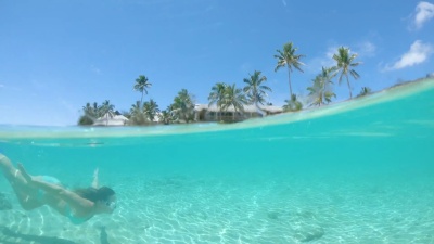 半水下 年轻的女性旅行者在令人叹为观止的热带海洋中浮潜