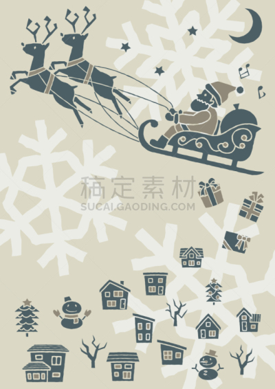 城镇景观,现代,动物雪车,圣诞老人,月,简单,雪,秃树,粗糙的,天空