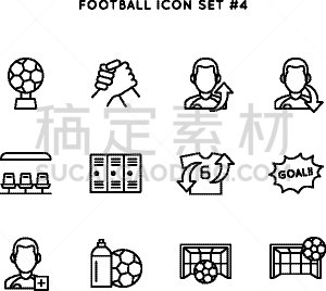图标集,足球运动,橄榄球,运动竞赛,分离着色,轮廓,球门柱,长椅,杯