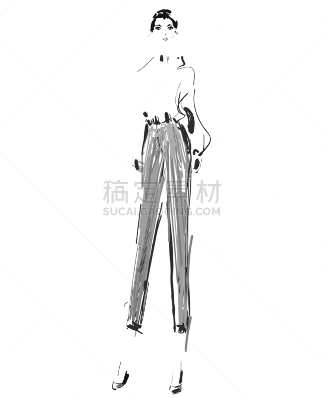 草图,女孩,时装模特,轮廓,魅力,衬衫,牛仔裤,休闲装,矢量,棕色头发
