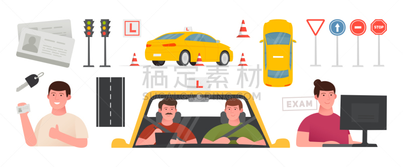 驾校,驾驶执照,商务,传单,汽车,背景,绘画插图,方向,红绿灯,幸福
