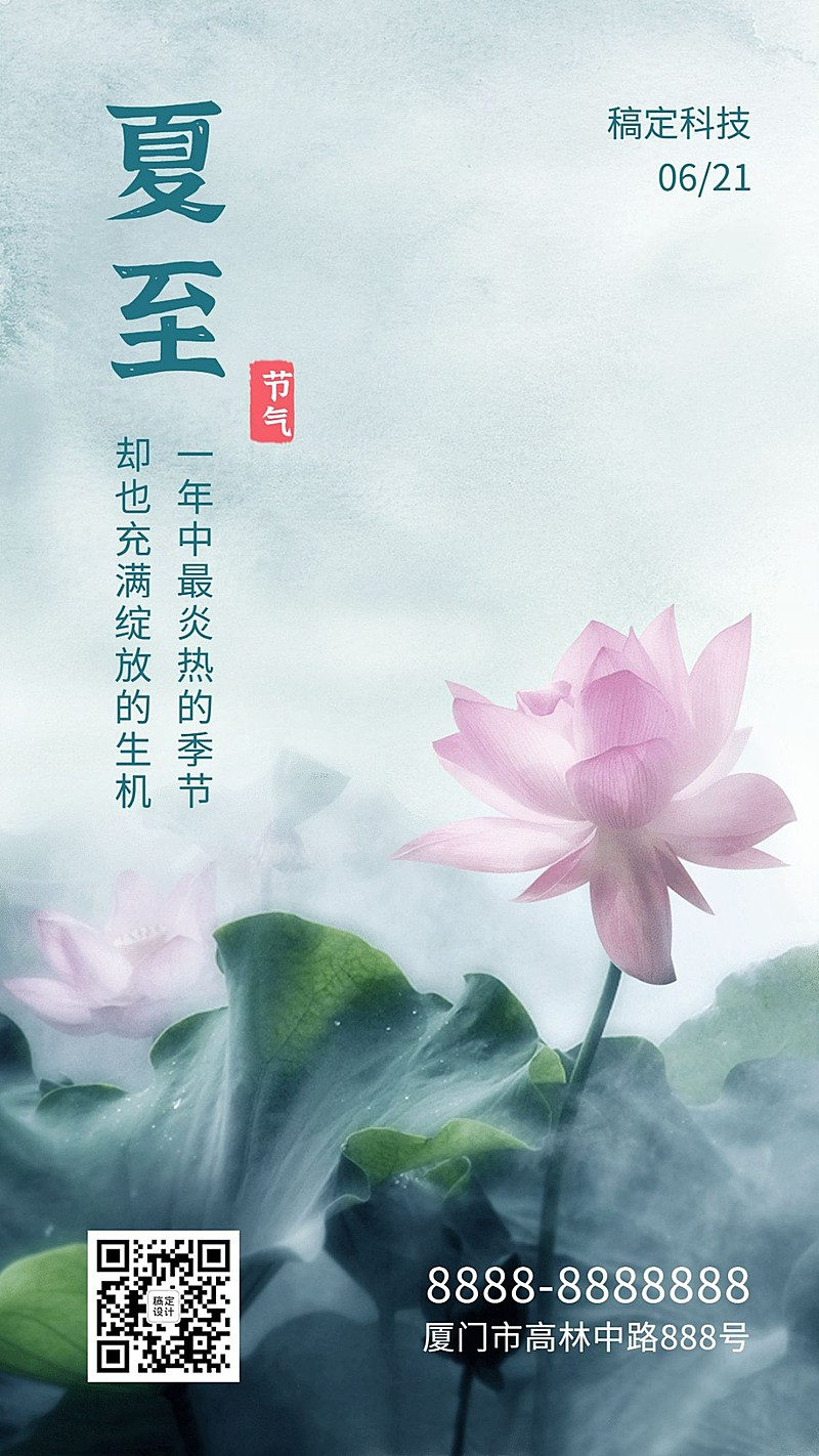 夏至节气荷花中国风实景手机海报