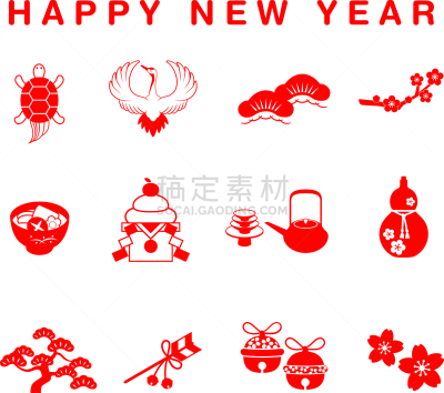 新年前夕,图标集,贺卡,欧洲赤松,运气,新年,镜饼,传统,华丽的,含酒精饮料