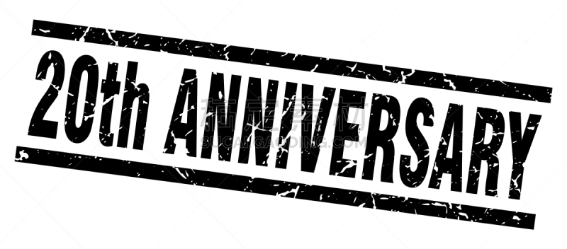 橡皮章,第二十周年,黑色,正方形,分离着色,数字20,周年纪念,白色背景,剥皮器,模板
