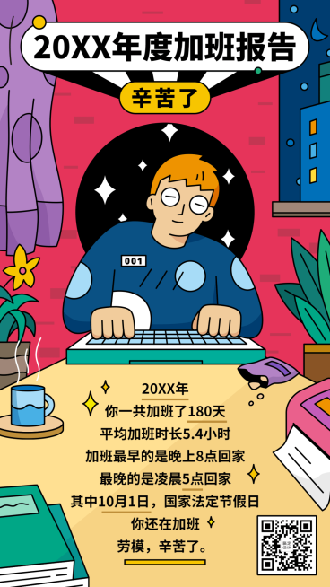 年终总结可爱加班报告总结手机海报预览效果