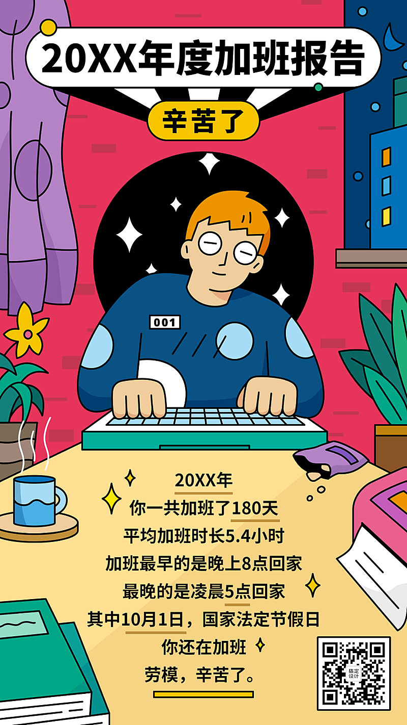 年终总结可爱加班报告总结手机海报