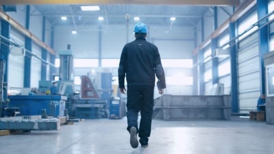 跟踪工厂工人戴着安全帽走过工业设施的镜头。