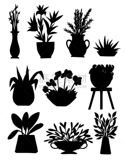 矢量,黑色,绘画插图,分离着色,植物群,锅,平坦的,华丽的,菜园,剪影