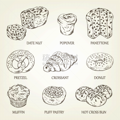 商品,草图,插画,分离着色,轮廓,热,面包,约克郡布丁,潘纳多尼面包,收集