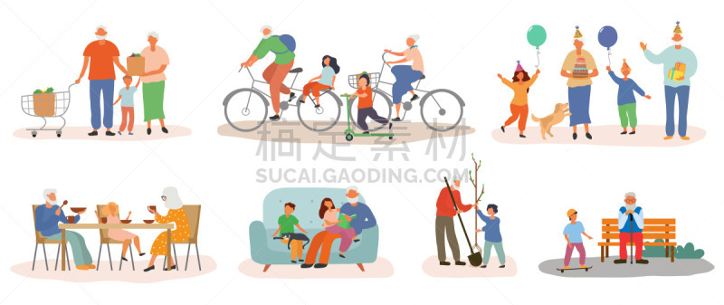 祖父母,孙辈,色彩鲜艳,老年男人,家庭,父母,收集,行动,相伴