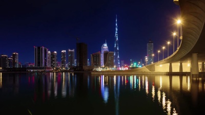 夜间照明迪拜世界最高建筑海湾全景 延时阿拉伯联合酋长国