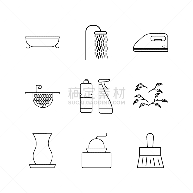 轮廓,直的,用具,图标集,咖啡,图像,滤器,矢量,淋浴,喷