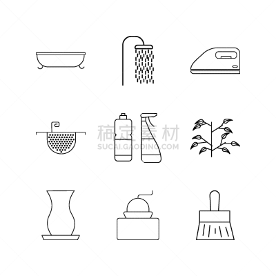 轮廓,直的,用具,图标集,咖啡,图像,滤器,矢量,淋浴,喷