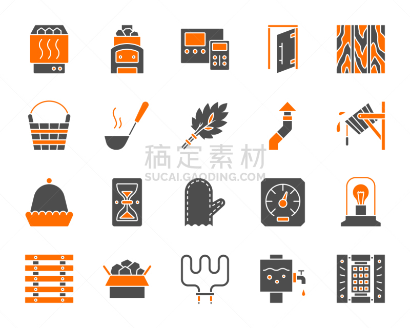 设备用品,符号,桑拿浴,彩色图片,平坦的,连指手套,长柄勺,灯罩,公共浴室,品牌名称