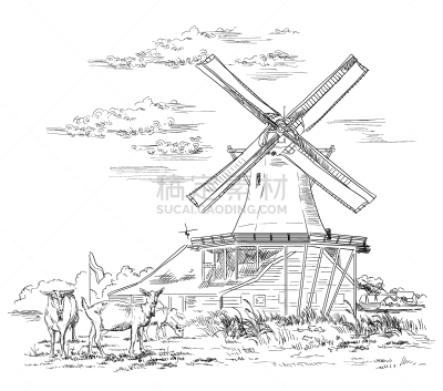 荷兰,绘画插图,过时的,国际著名景点,水磨,著名景点,钢铁,山羊,风轮机,剪影