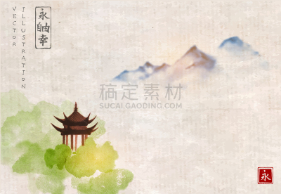 逃避现实,绿色,森林,寺庙,宝塔,青绿色,墨水,亚洲,树