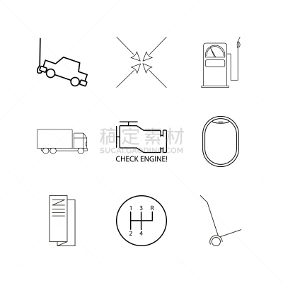 直的,图标集,手摇车,汽车,变速杆,加油站,拖运卡车,矢量,标志,运输