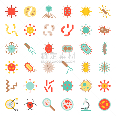 可爱的,微生物,细菌,图标集,扁平化设计,显微镜,图像,鞭毛,结核杆菌