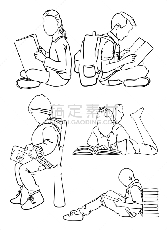 儿童,书,线条画,小的,品牌名称,童年,剪贴画,读书,休闲,剪影