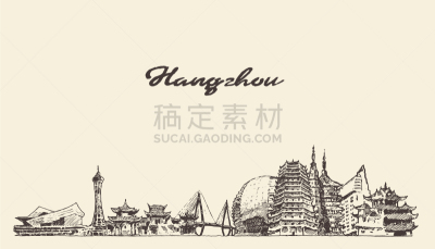 杭州,城市天际线,浙江省,传统,商务,铅笔,自然美,绘制,剪影
