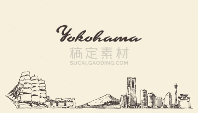草图,日本,横滨,城市天际线,城市,商务,海港,铅笔,绘制,复古