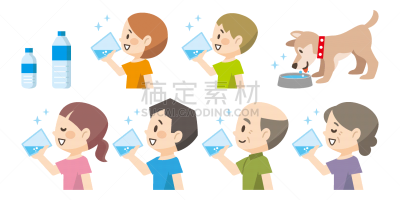 绘画插图,人,狗,饮用水,饮料,可爱的,水瓶,仅日本人,杯,玻璃杯