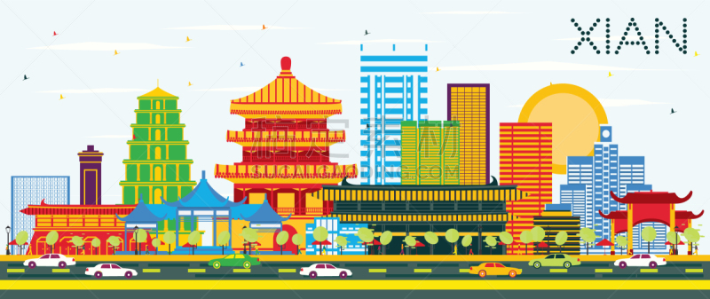 西安,城市天际线,彩色图片,蓝色,建筑外部,旅途,商务,云,鸟类