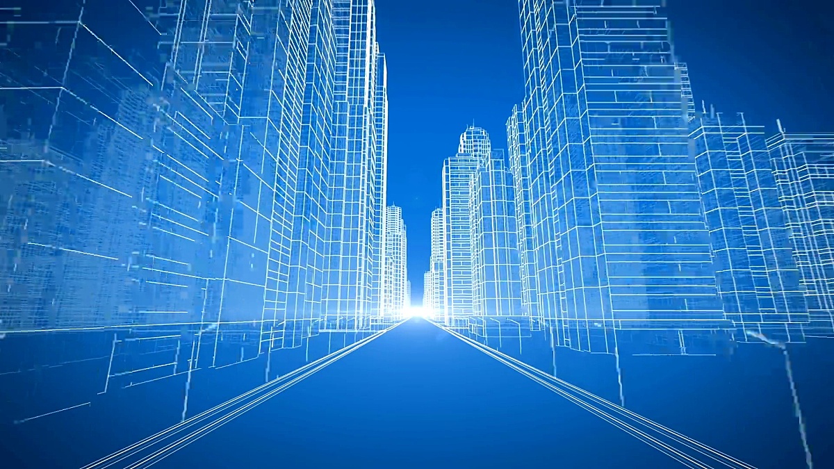 极速移动通过现代城市数字三维蓝图。奔向光明。建筑和技术概念。蓝色3D动画。  U  3840x2160。