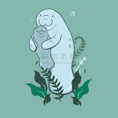 幼兽,海牛,母亲,藻类,绿色背景,数码图形,矢量,可爱的,家庭,父母