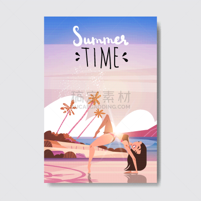 女人,夏天,瑜伽,松弛练习,落日海滩,地形,季节,日落,复古,放松