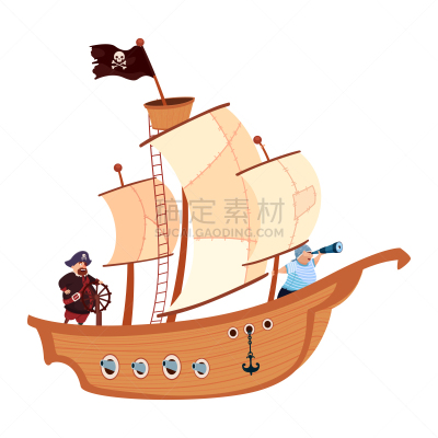 船,帆,绘画插图,卡通,木制,白色,男性,性格,矢量,海盗