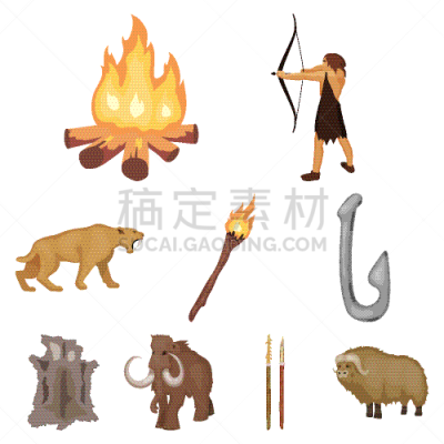 巨大的,卡通,石器时代,男穴居人,图像,矢量,分离着色,蜘蛛网,动物,收集